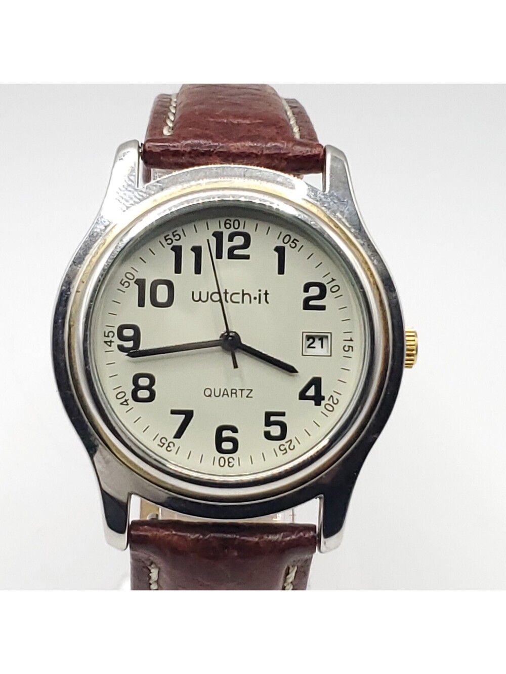 Watch-it Mens Watch 37mm Brown Leather Band White Date Dial New Battery